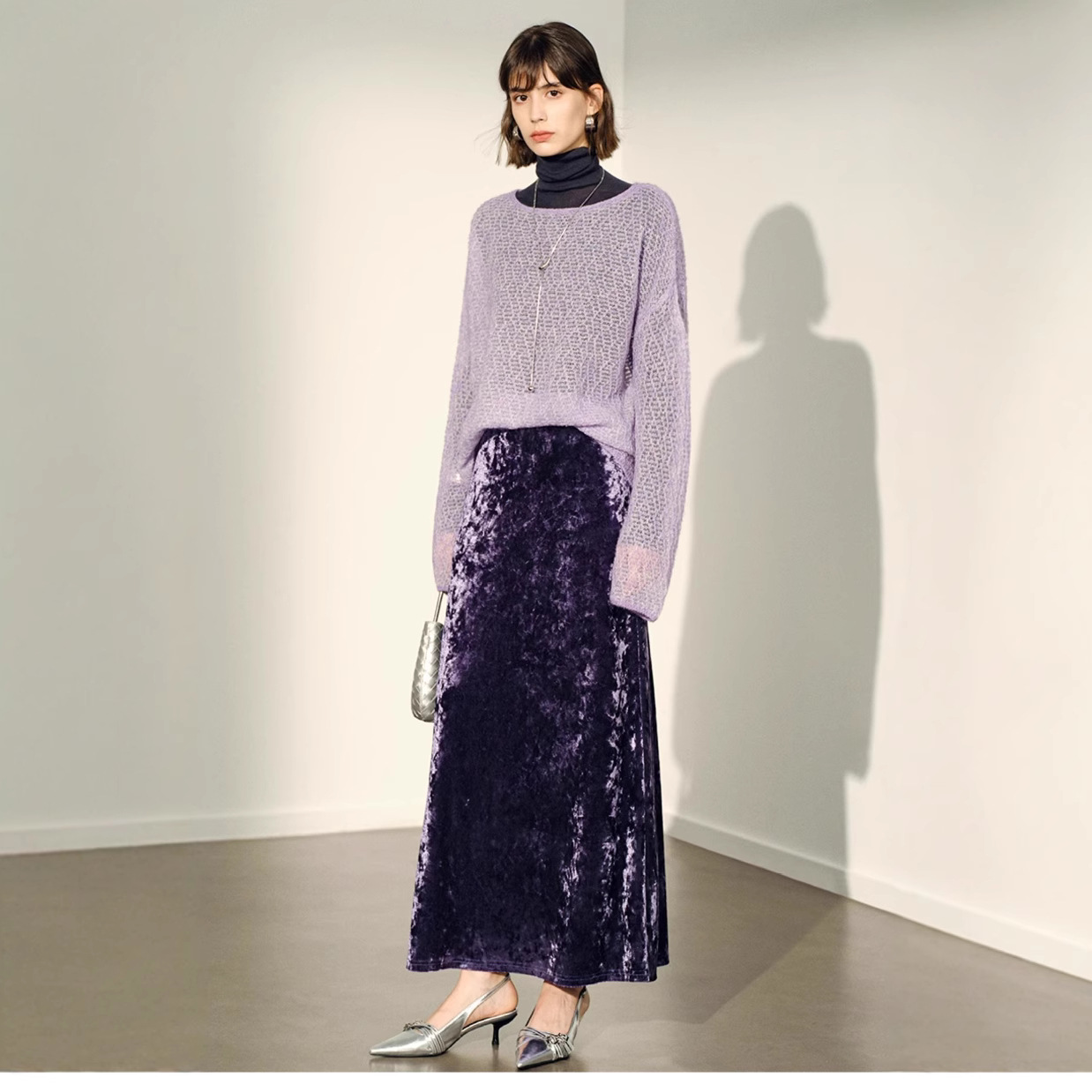 Purple Diamond Velvet Skirt Women's 2024 New Velvet High-grade Skirt High Waist Loose Waist Straight Skirt
