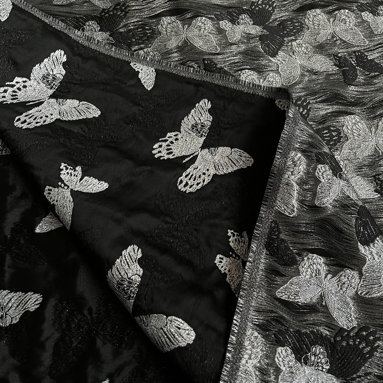 Autumn and Winter Silver Butterfly Jacquard New Chinoiserie Cheongsam Fabric Imitation Song Brocade Jacquard Children's Clothing Brocade Satin Fabric