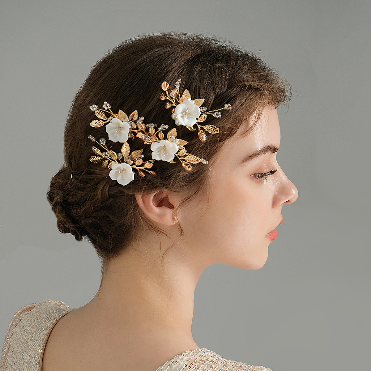 New Bride Accessories Golden Leaf Pearl U-shaped Pin Antique Hanfu Hair Headwear Ceramic Flower Hairpin