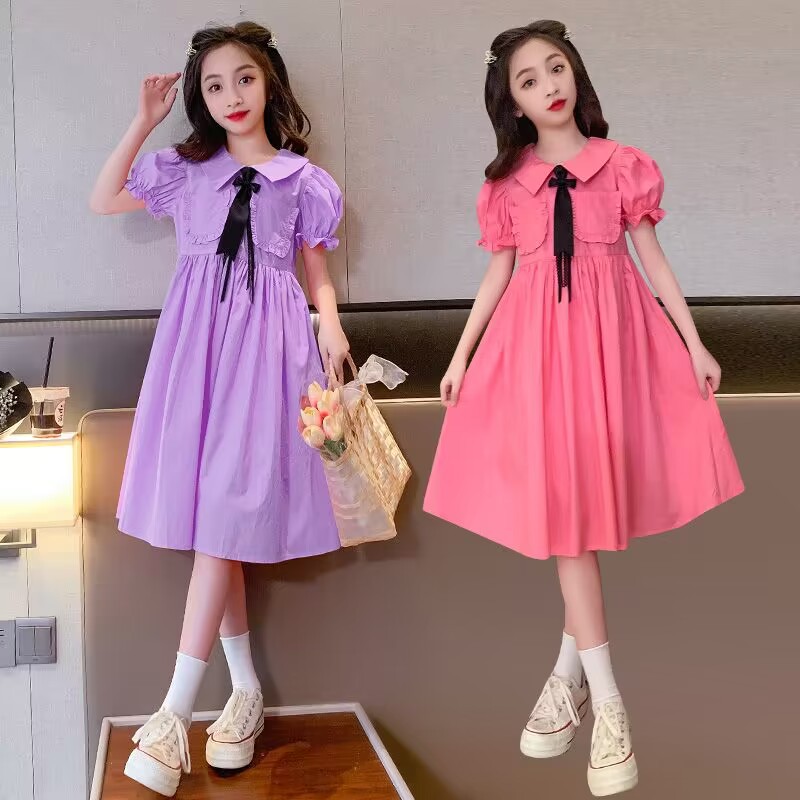 Girls Dress Summer New Girl Fashionable College Style Princess Dress Summer Puff Sleeve Children's Shirt Dress