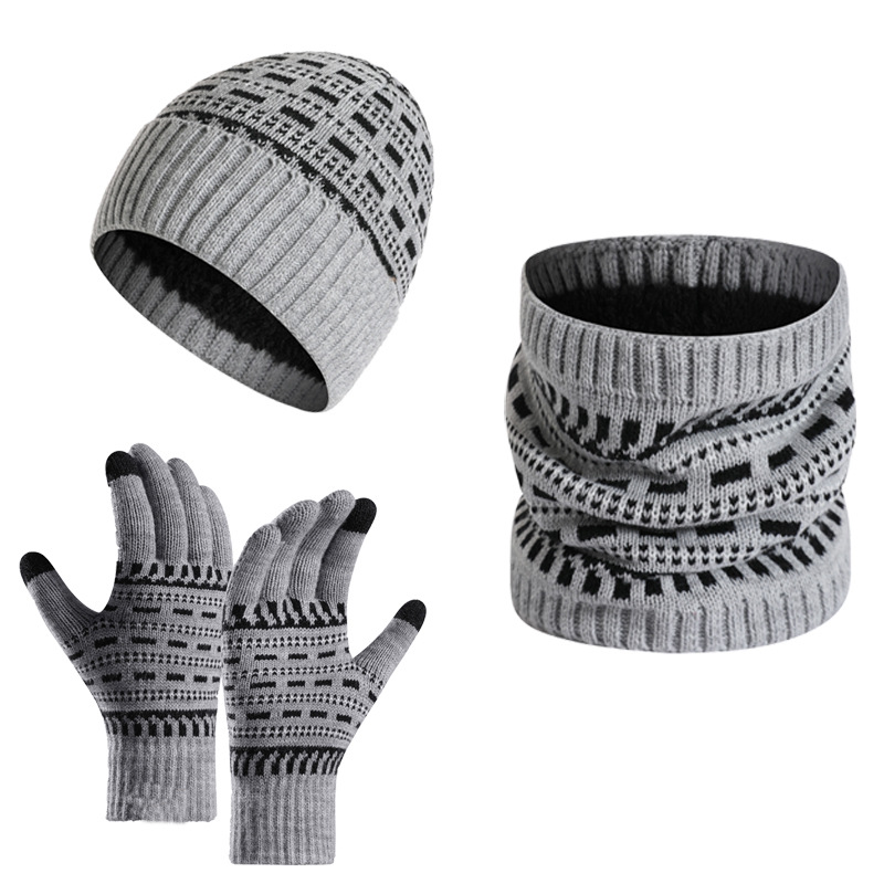 Picture of 2025 European and American Autumn and Winter Men's Warm Woolen Hat Knitted Thickeneded Adult Hat Neck Scarf Gloves Three-Piece Set Manufacturer