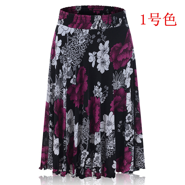 Picture of Middle-aged and elderly summer thin skirt mother's elastic waist color ice silk mid skirt high waist elastic dancing skirt