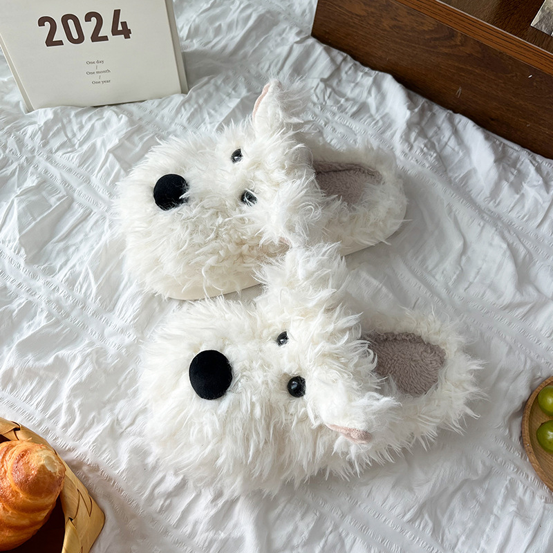 Cute Dog Cotton Slippers Women's Winter Indoor Non-Slip Warm Half-Heel Plush Moon Soft Bottom Mao Mao Slippers