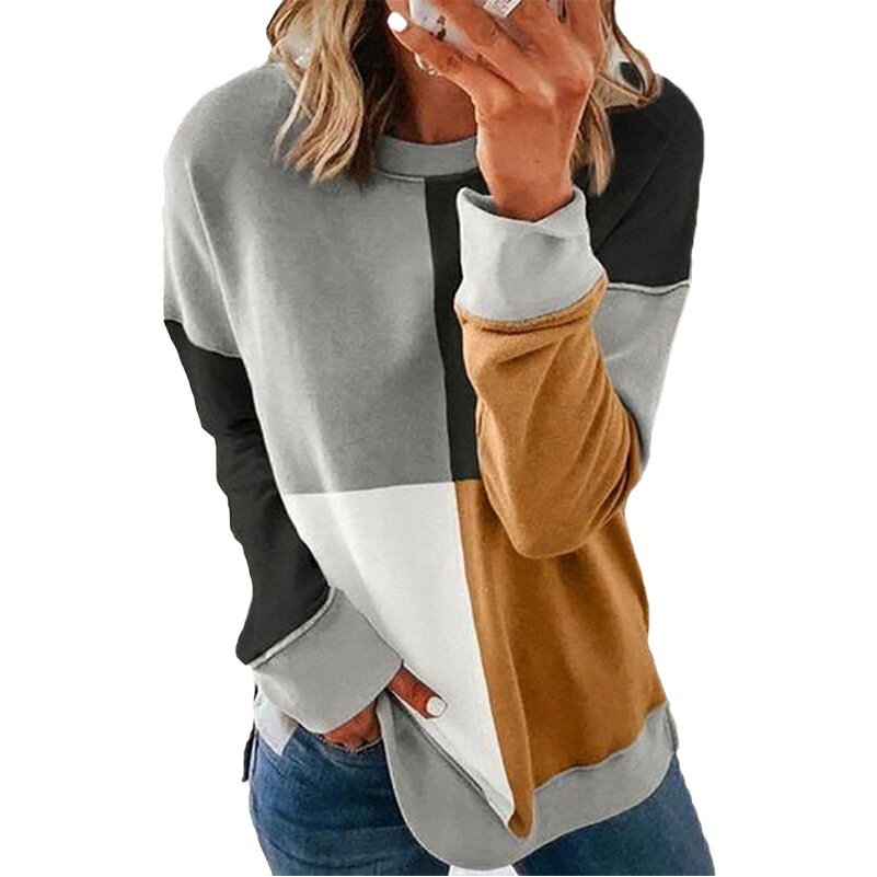 2024 Women's Sweatshirt Autumn and Winter New Arrivals European and American Style Solid Color Color-Blocking Long-Sleeve Casual Pullover Versatile Loose Slimming