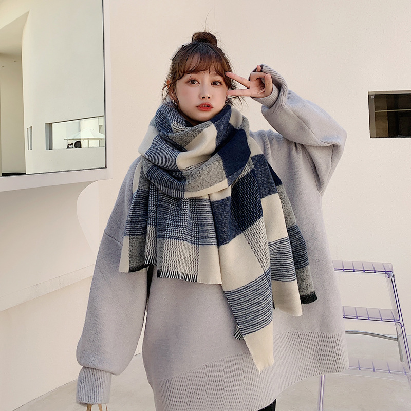 Picture of Blue Plaid Scarf for Women Winter Imitation Cashmere Korean Style Versatile Long Ins Trendy Niche High-End New Scarf