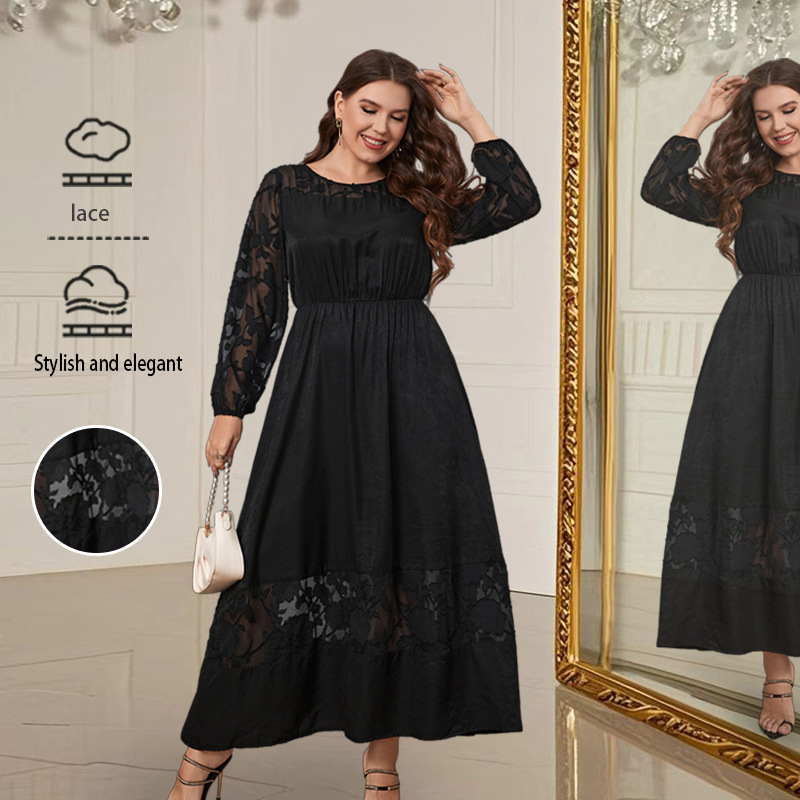 Slightly Chubby Over-The-Knee Lace Dress Slimming Autumn Cross-Border E-Commerce Long-Sleeved Temperament High-End Amazon Hot Sale
