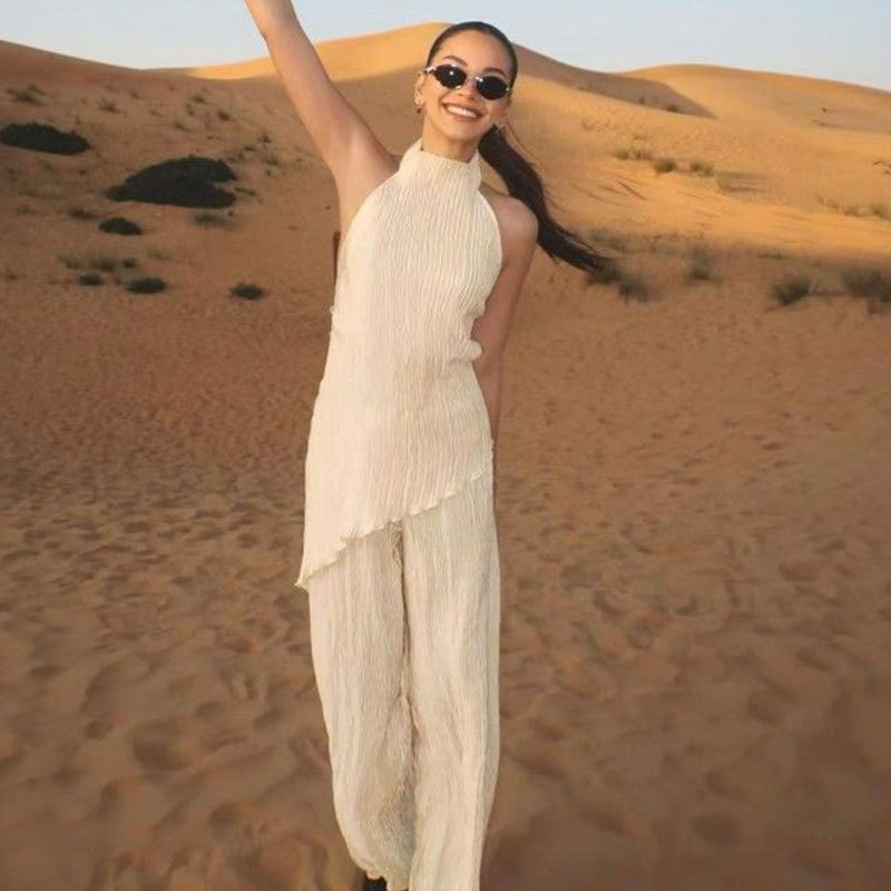 Fashion Women's Amazon Irregular Top Casual Wide-Leg Pants Elegant Sexy Long Pants Set for Women