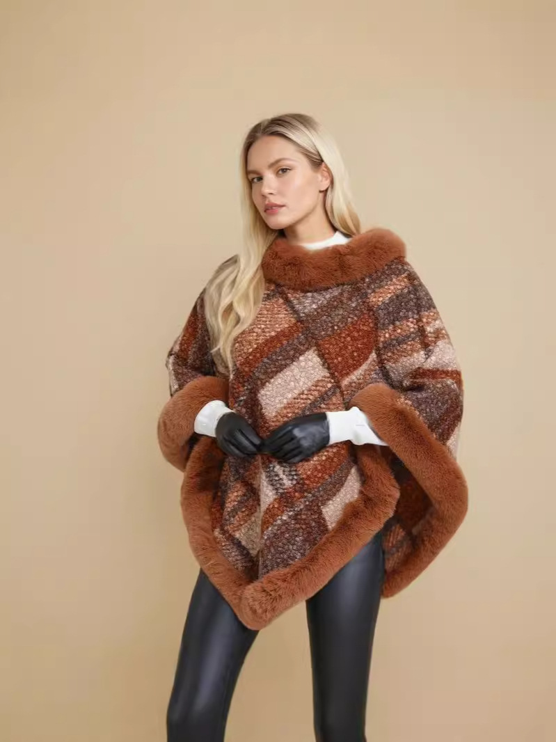 European and American Cross-border Women's Autumn and Winter New Jacquard Large Wool Collar Cloak Mid-length Bat Sleeve Turtleneck Classic Checked Pattern