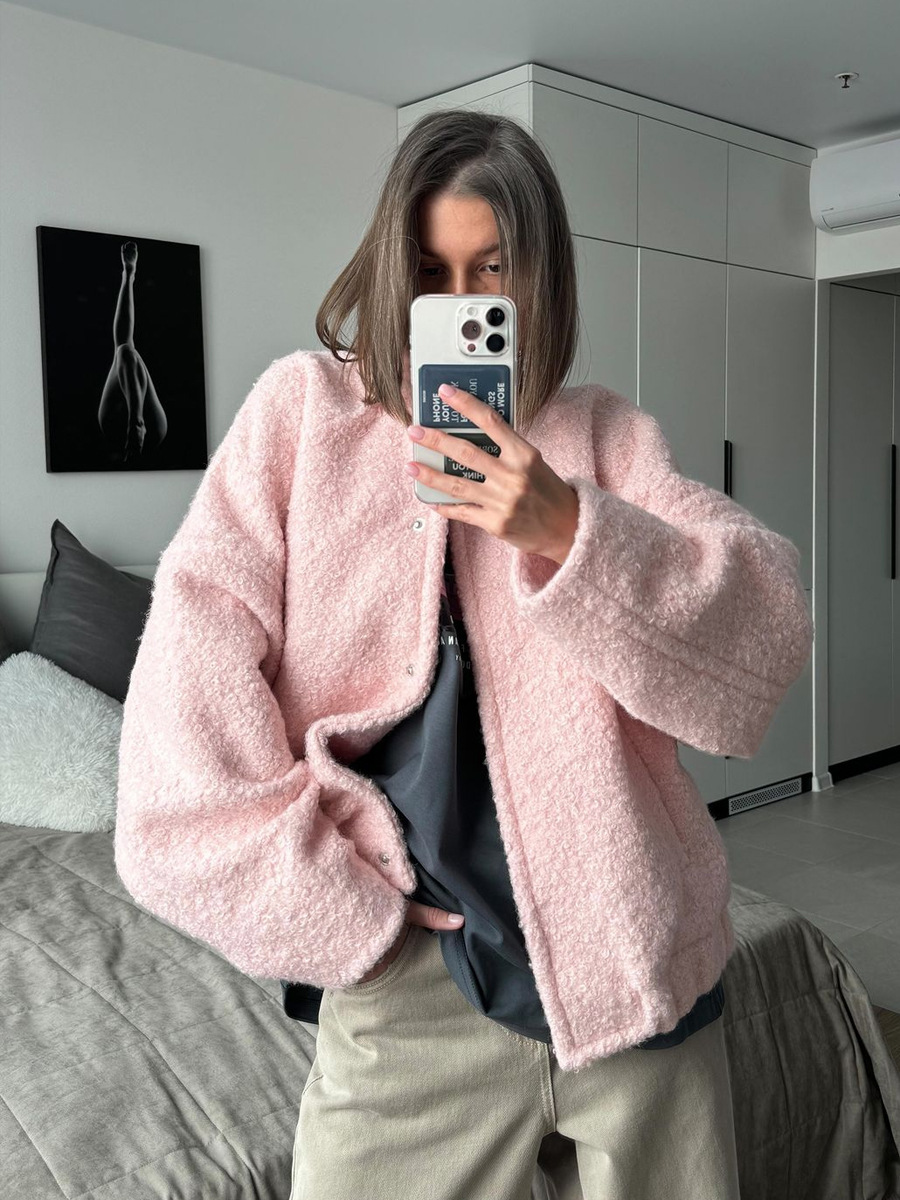 Picture of Cross-border Pink Jacket European and American 2025 Winter New Elegant Casual Collar Shoulder Sleeve Short Mao Mao Jacket