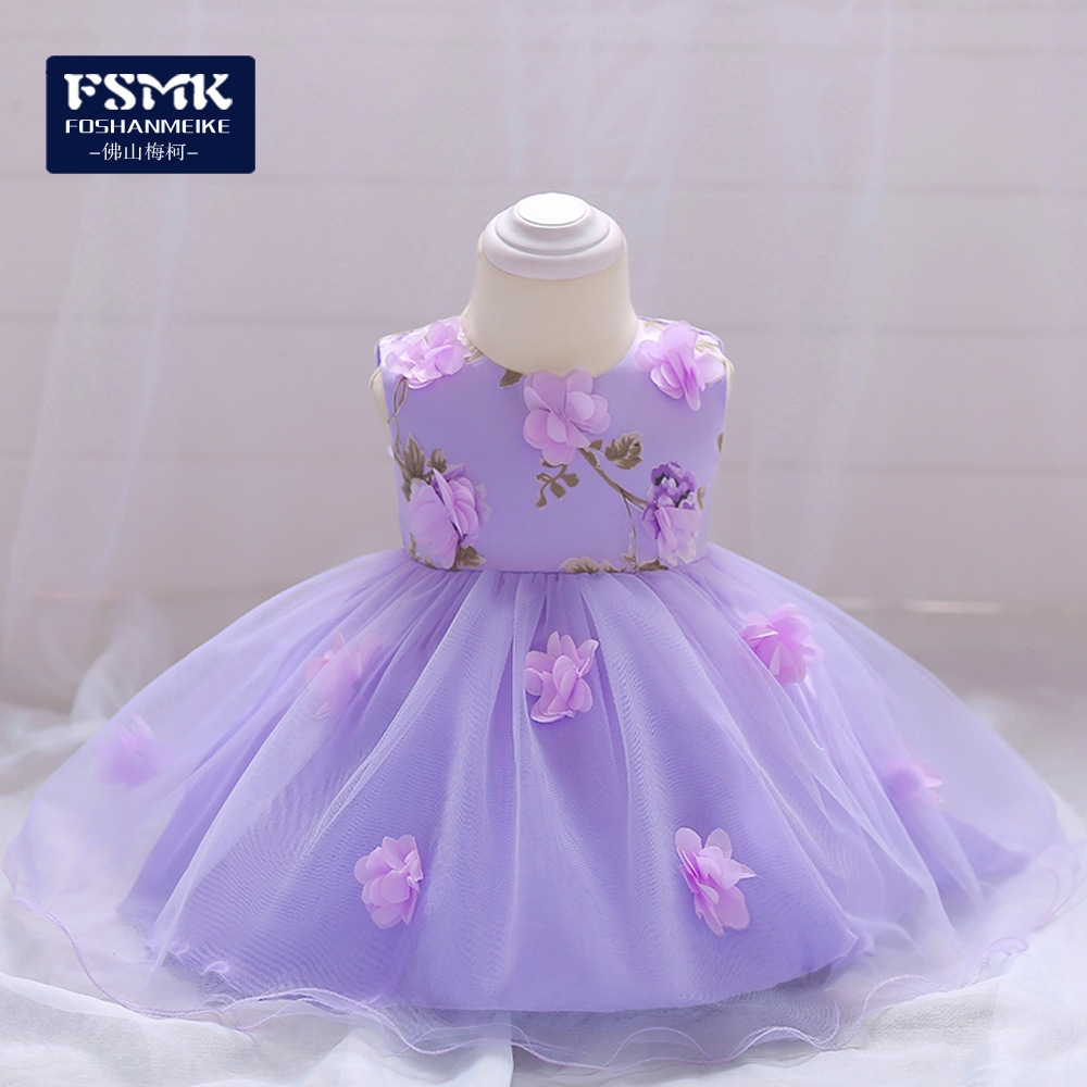 2024 cross-border new baby one-year-old dress printed full moon children's three-dimensional flower dress birthday princess dress