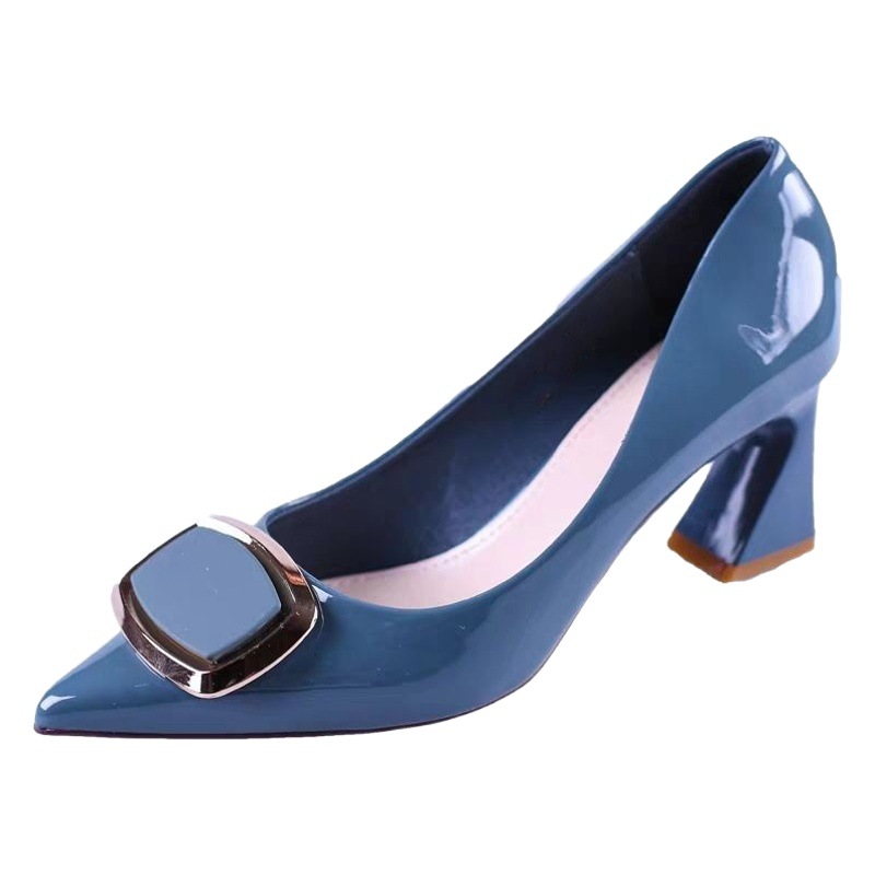 Chunky heel high heels for women 2023 Spring and Autumn new patent leather women's shoes low-cut leather shoes autumn pointed toe mid heel shoes