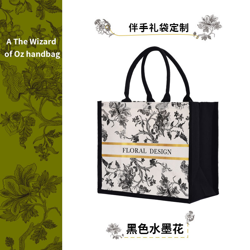 Black Ink Flower Canvas Bag Cotton Blank DIY Satchel Shopping Bag Corporate Printed Logo Gift Bag Ink Style