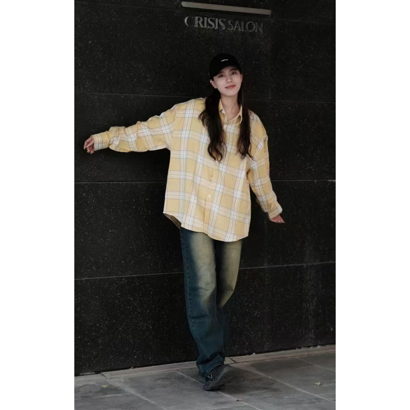 Original Fabric Real Price Yellow Cotton Plaid Shirt Women's Inner Layered Base Jacket Loose Slim Shirt