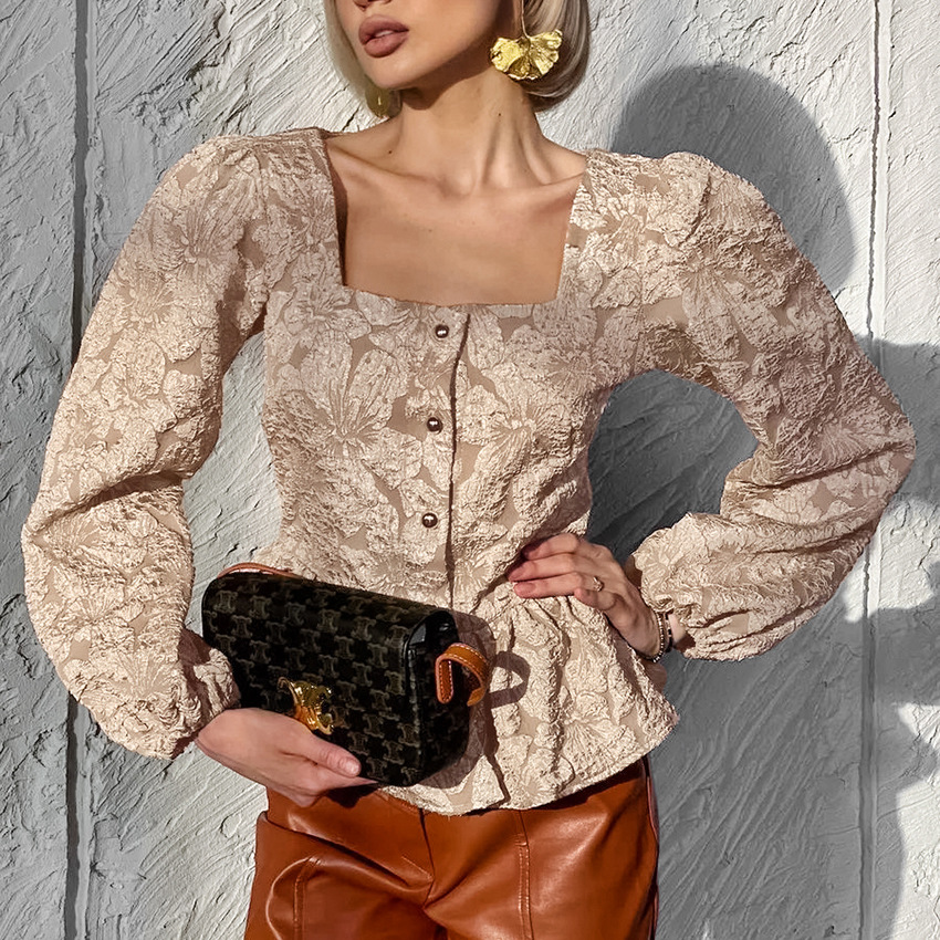 Picture of French high-end jacquard shirt 2024 new commuter square collar bubble sleeve women's shirt top spring women's clothing