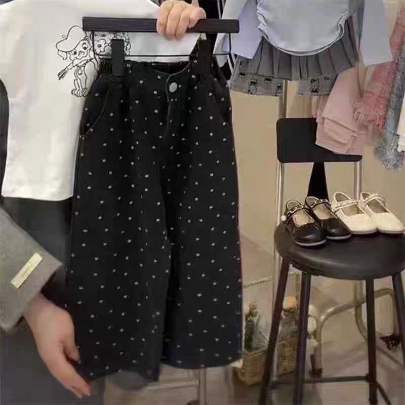 Girls' Jeans Spring New Baby Girl Loose Straight Trousers All-match Children's Full Print Small Flower Wide Leg Trendy Pants