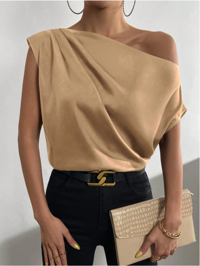 Picture of 2025 Spring Solid Color Satin Simulated Silk Irregular Sloping Shoulder One-Neck Pullover Sleeveless Shirt Women's European and American Clothing