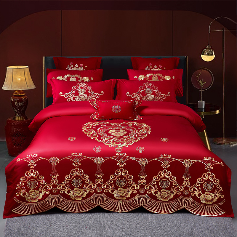 Picture of Wedding Four-Piece Set Embroidered Wedding Pure Cotton Bright Red Wedding Room Embroidered Bedding Quilt Bedding