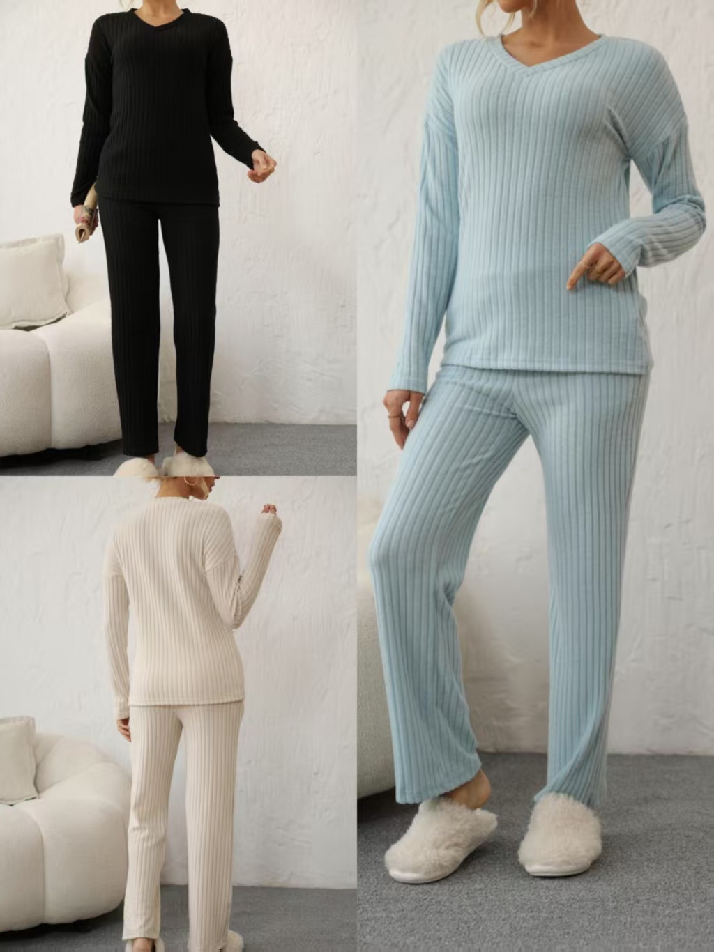 European and American Explosions Women's Fashion Casual Straight Pants Elegant Loose V-Neck Pit Knitted suit