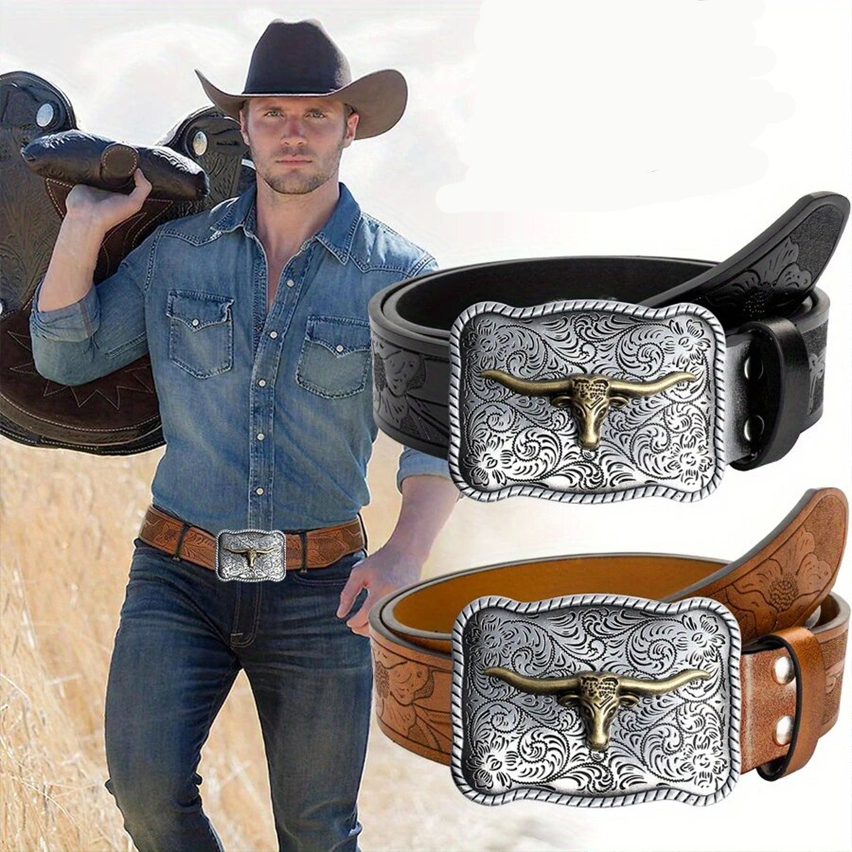 Cross-Border Men's Western Cowboy Belt Bull Head Plate Buckle Retro Embossed Leather Belt Trendy Factory Spot Wholesale