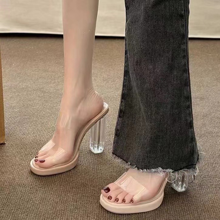 High Heels Women's 2024 Summer New Waterproof Platform with Not Tired Feet Thick Heel Crystal Slippers Women's Sandals Women's Shoes
