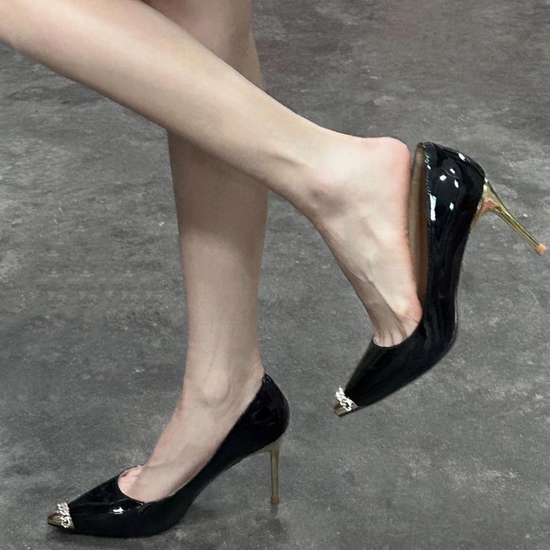2025 New European and American Style Sexy Pointed Toe Metal Stiletto High Heels Women's Versatile Shallow Patent Leather Slip-On Shoes