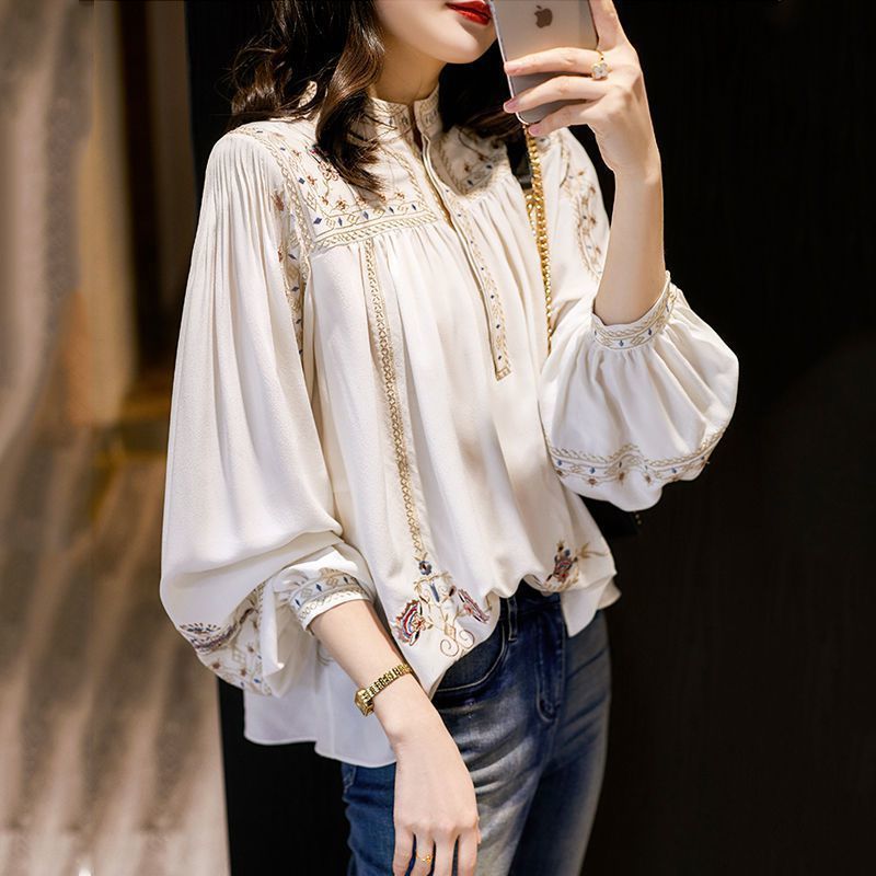 2024 Spring and Autumn New Fashion All-match Printed Shirt Women's Stand Collar Bohemian Loose Stylish Top