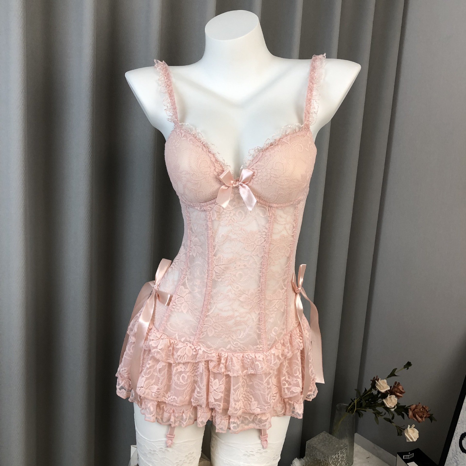 Sexy Lingerie Set with Small Chest Enhancement Pads, Push-Up Slim-Fit Camisole Nightdress, Pure Desire Outfit 8003
