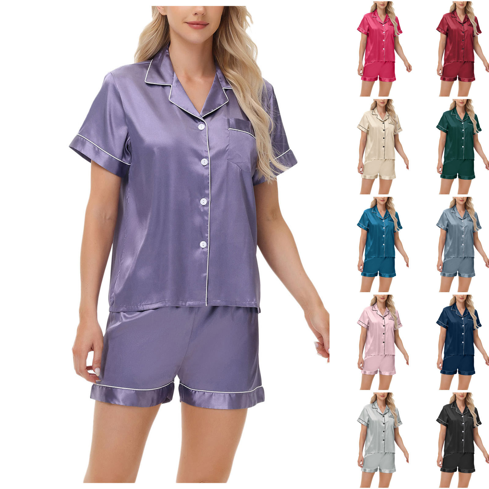 Cross-border e-commerce for Amazon AliExpress ice silk pajamas women's long short sleeve satin plus size pajamas home wear