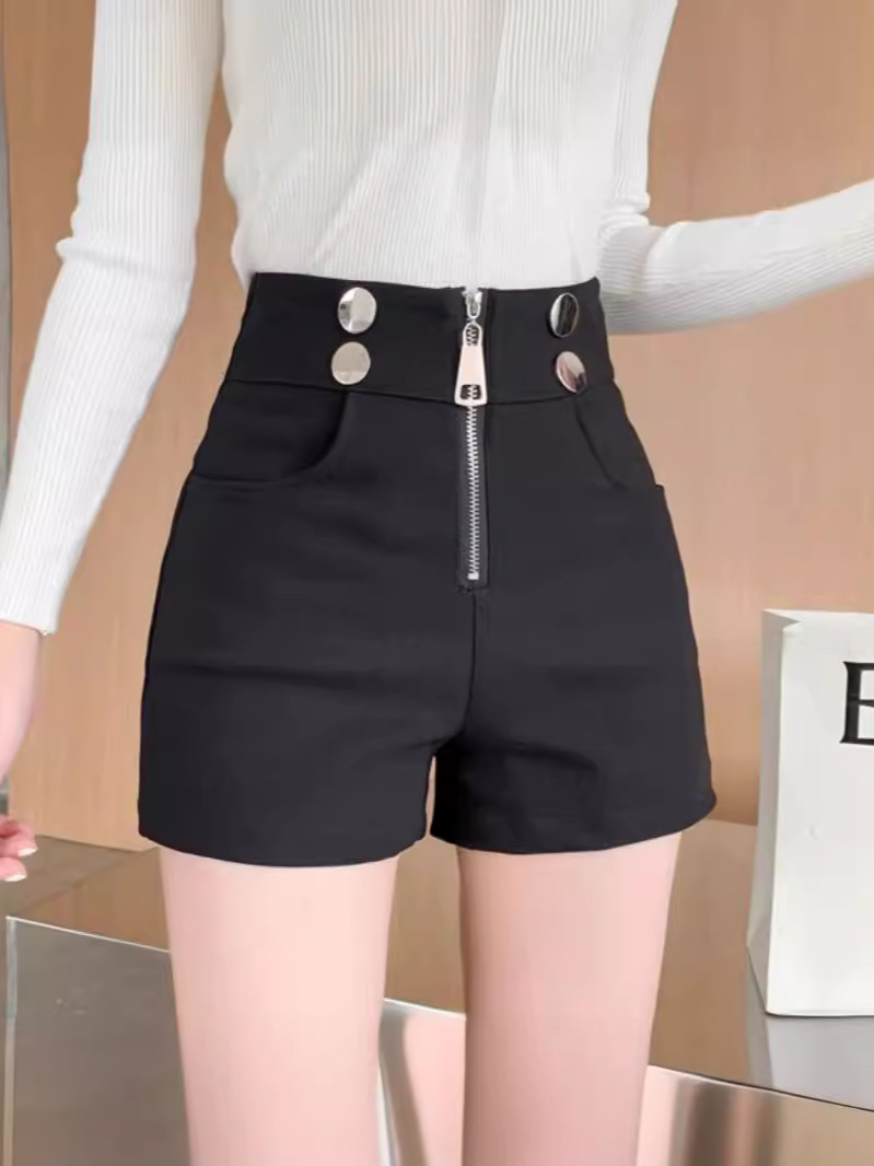 Spring Black Shorts Women's 2024 New Design Sense Niche High Waist Zipper Casual All-match Korean Style Outer Wear Hot Pants