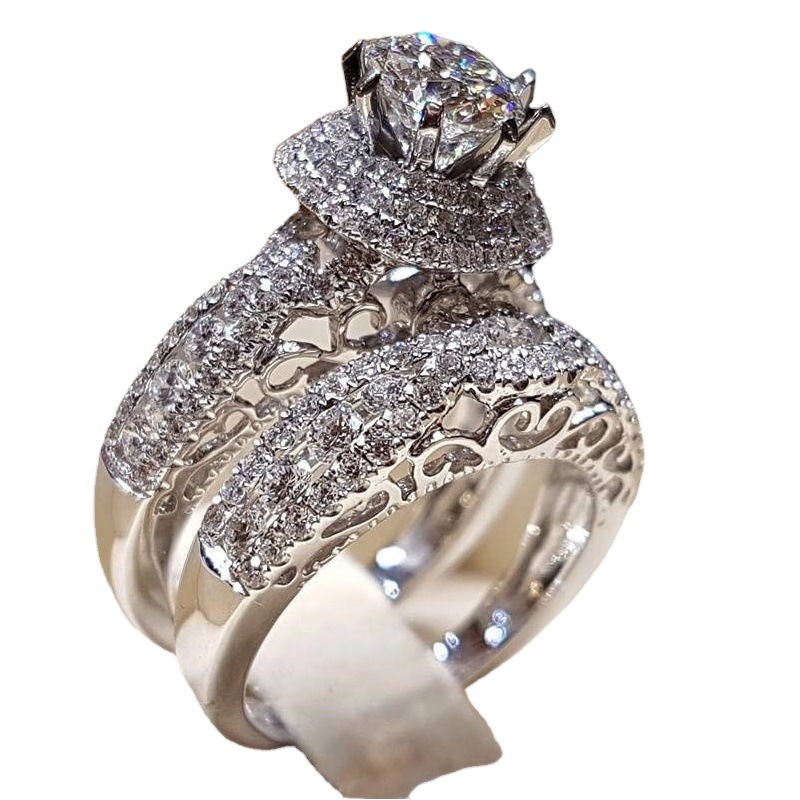 Zhen Rong wish new double-layer micro-inlaid zircon simulation zircon ring European and American luxury party wedding hand ring