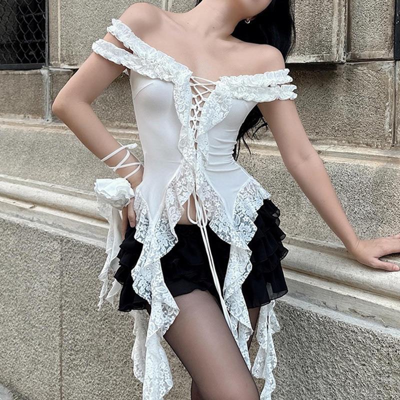 European and American holiday style lace ruffled ribbon strap slimming tube top cross-border off-neck slim-fit design vest