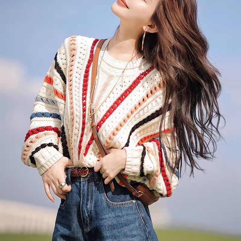 Women's Knitted 2024 New Spring and Autumn Lazy Style Color Stripe Fashionable Loose Outer Wear Short All-match Sweater