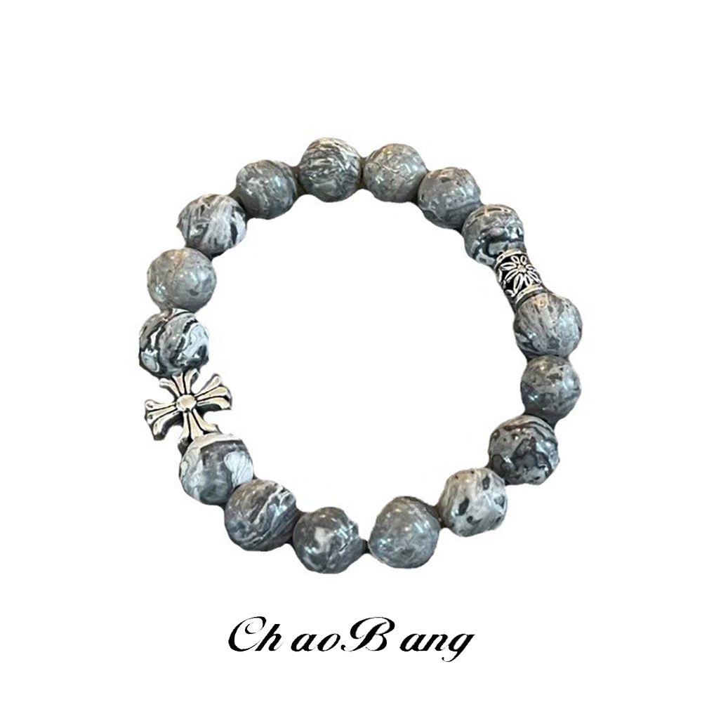 Bracelet Men's Natural Stone Cross Flower Bracelet Versatile Retro High-End Hip-Hop Street Couple Accessories Fashion Jewelry