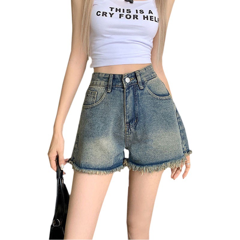 Spice Girl Denim Shorts Women's Summer New ins Casual High Waist Nostalgic Retro Burr Wide Leg A- line Super Short Hot Pants