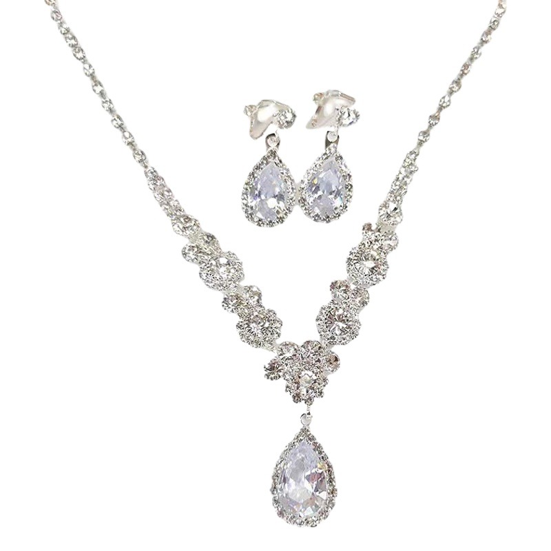 Fashion European and American Light Luxury Zircon Necklace Earrings suit Bridal Wedding Yarn Evening Dress Accessories Evening Banquet Accessories