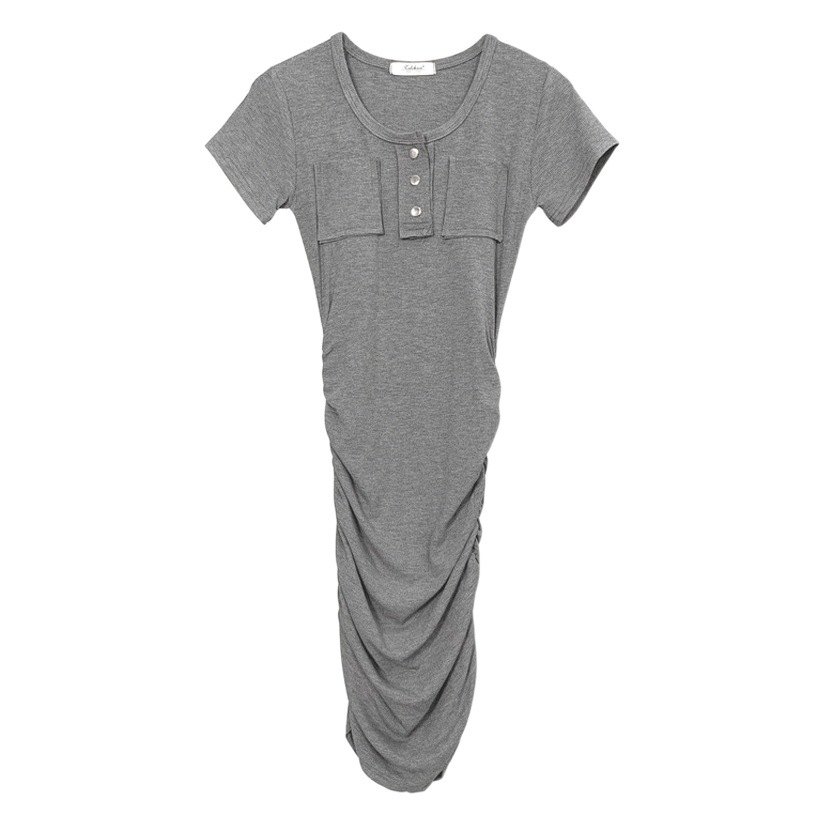 Korean Dongdaemun Elegant Double Pocket Sexy Pure Style Slim-fit Slimming Figure Folded Hip Bag Dress for Women