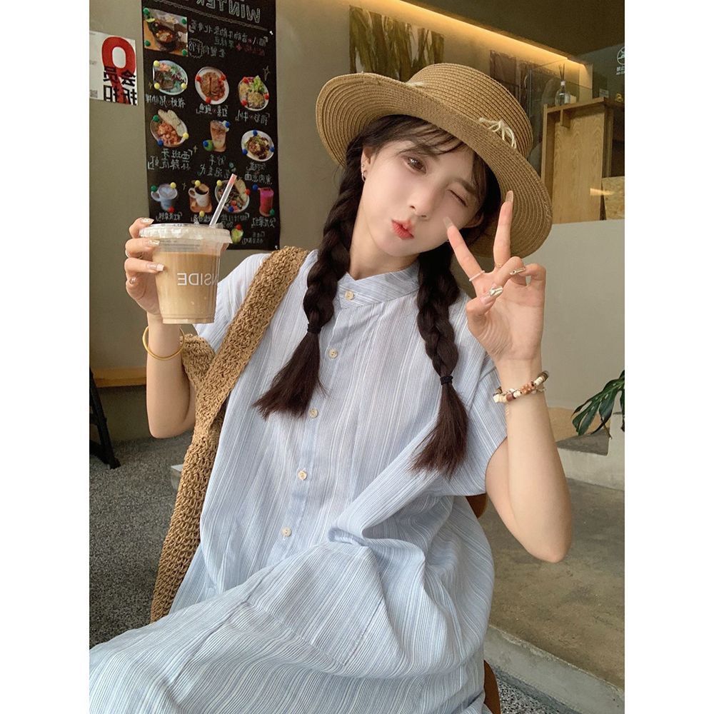 Picture of Blue Stripesd Short-Sleeved Shirt Dress for Women Summer 2025 New Korean Style Loose Mid-Length Stacked Two-Piece Set