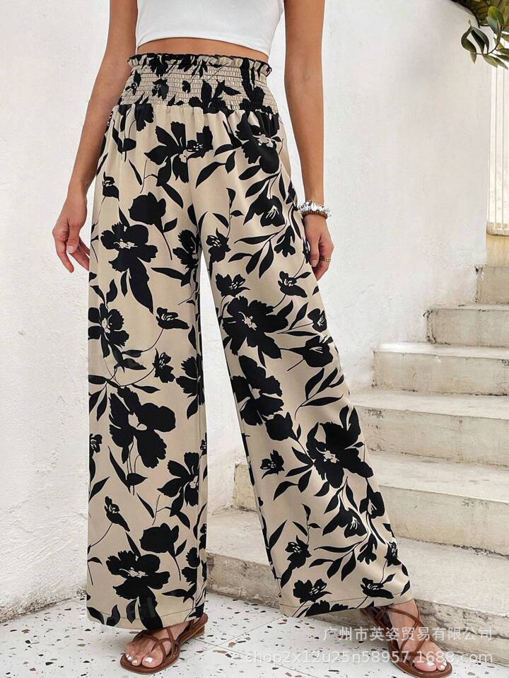 European and American Women's Clothing Foreign Trade Amazon 2025 New Casual Simple High Waist Flower Printed Wide Leg Pants Women's Trousers
