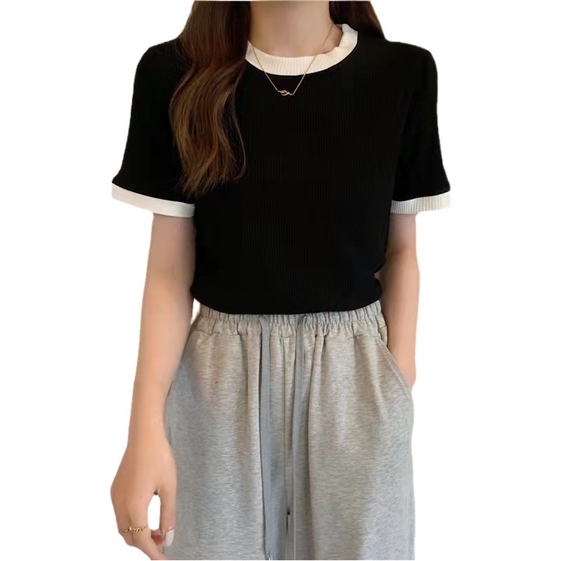 Threaded Short-Sleeved T-Shirt for Women 2024 Summer New Pure Color Inner Elastic Slim Large Round Neck Thin T-Shirt Top
