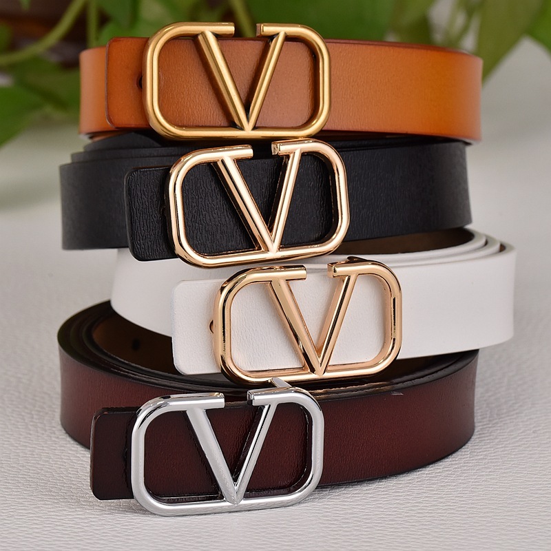 Women's Fashionable and Versatile Genuine Leather Thin Belt V Family Letter Smooth Buckle Belt Decorative Dress Denim Accessories