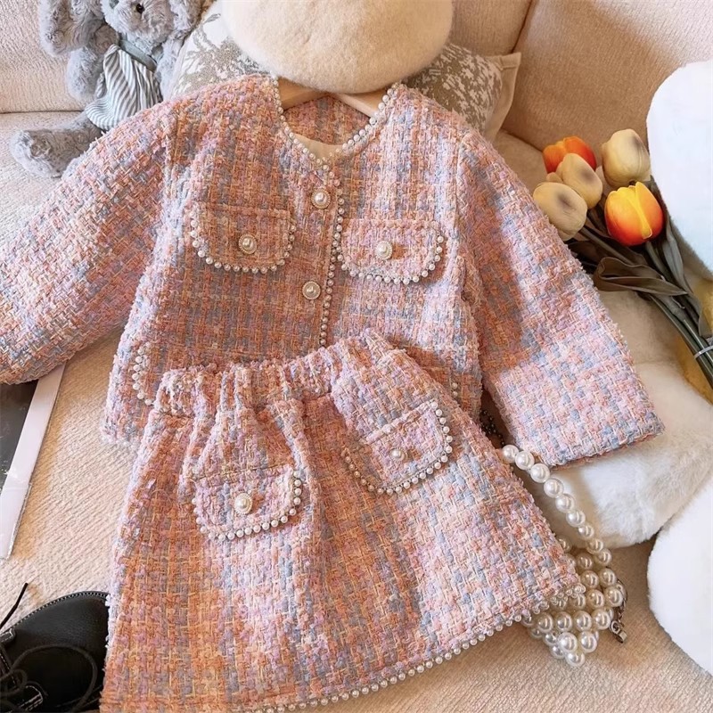 77226 autumn and winter girls' quilted suit children's Pearl edge tweed Chanel style coat skirt suit
