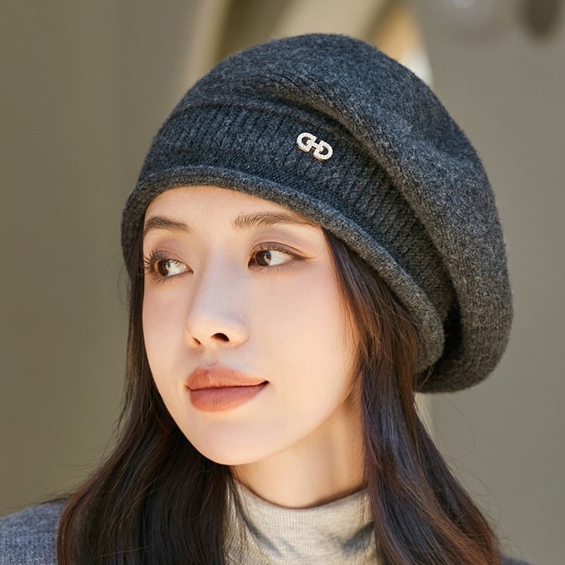 Beret Women's Autumn and Winter Fashion All-match Wool Knitted Hat for Middle-aged and Elderly Wool Hat Comfortable Warm Heap Hat