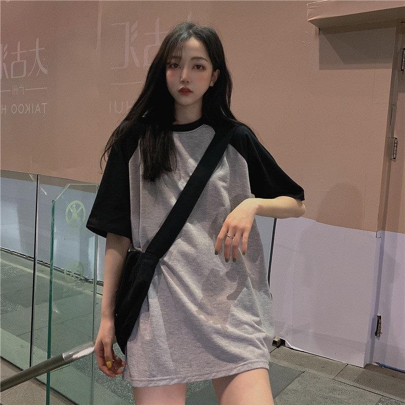 2023 women's clothing wholesale European and American contrast color short sleeve plus size T-shirt women's loose Korean summer students solid color top