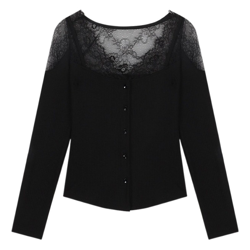 Picture of Black Lace Stitching Long-sleeved Knitwear Women's Autumn and Winter Sexy Pure Slim-fit Short Top Inner Base Shirt