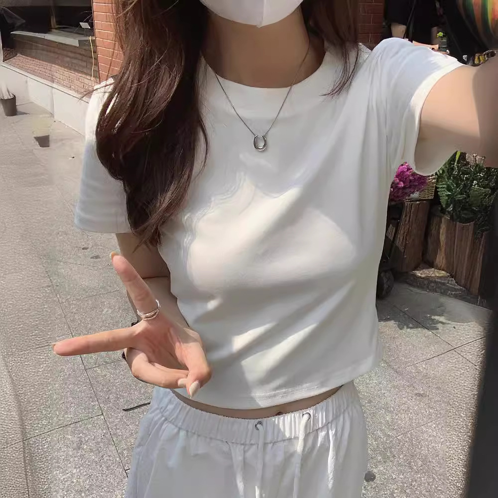 Crewneck Shoulder Short-sleeved T-shirt Women's Base Shirt Summer Slim-fit Slimming Sweet Spice Girl Tight Waist Design Sense Top Wholesale