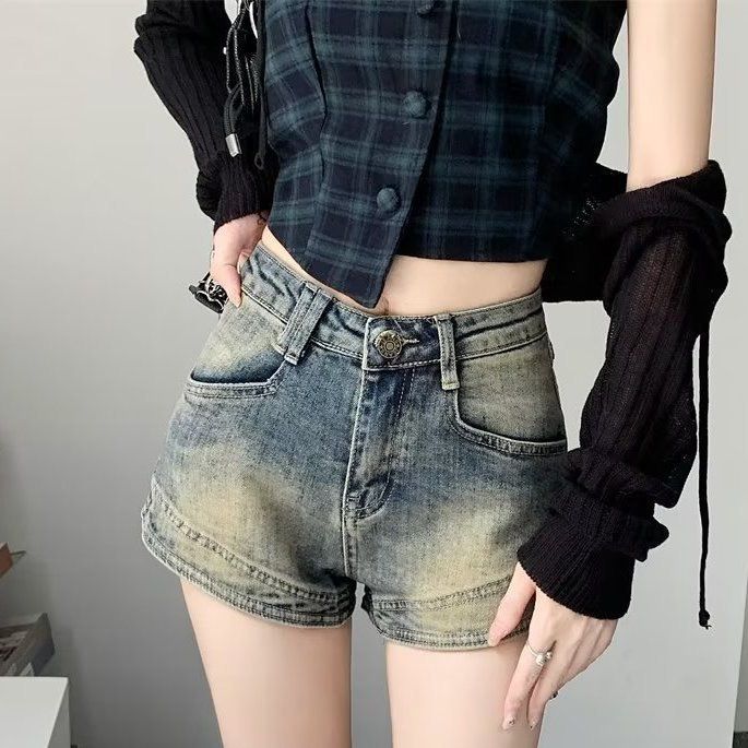 Distressed retro jeans women's summer American hot girl wide leg slimming shorts thin high waist straight A- line pants