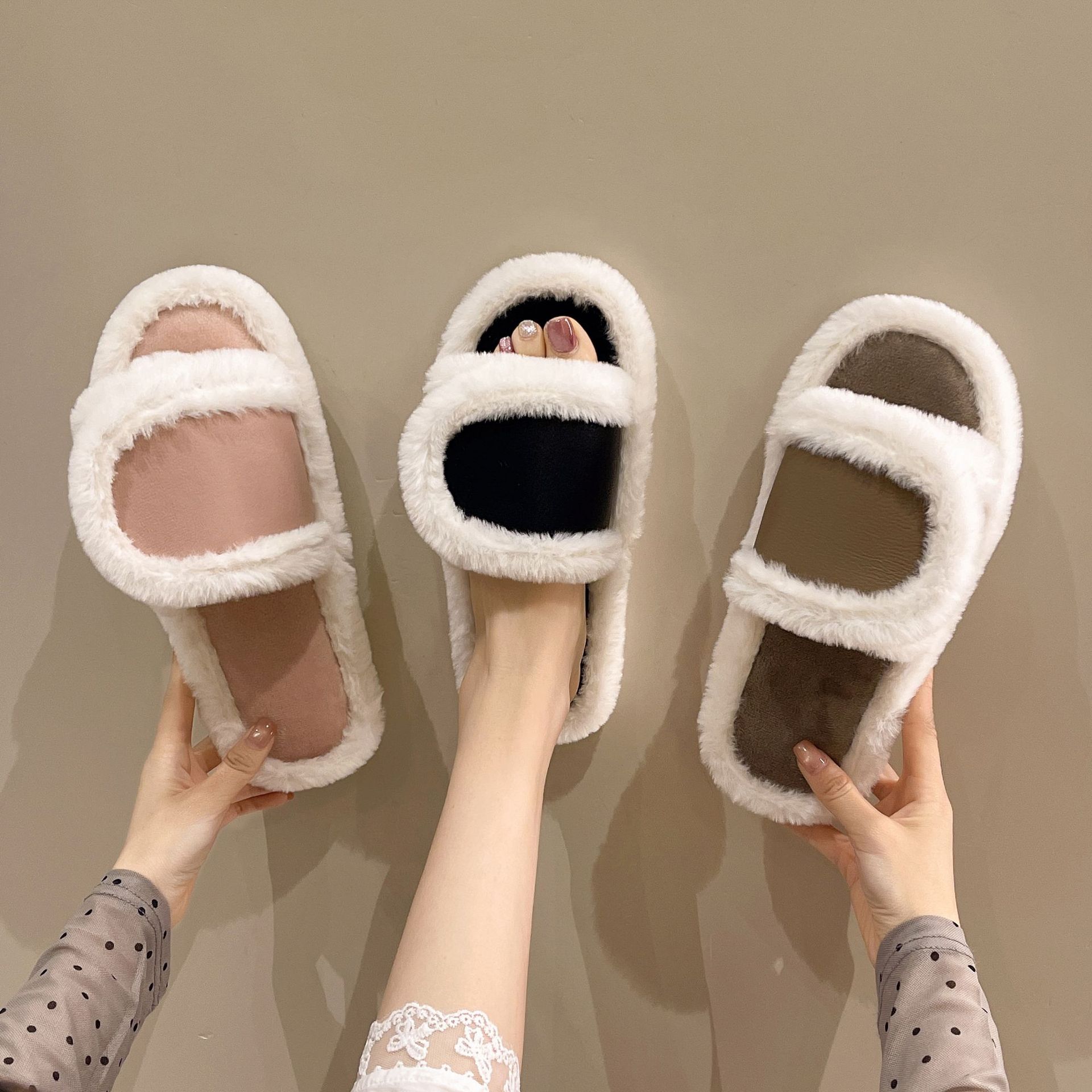 Foreign Trade New PU Leather Velcro Mao Mao Slippers Women's Autumn and Winter Home Fashion Big Foot Opening Cotton Slippers Cross-border