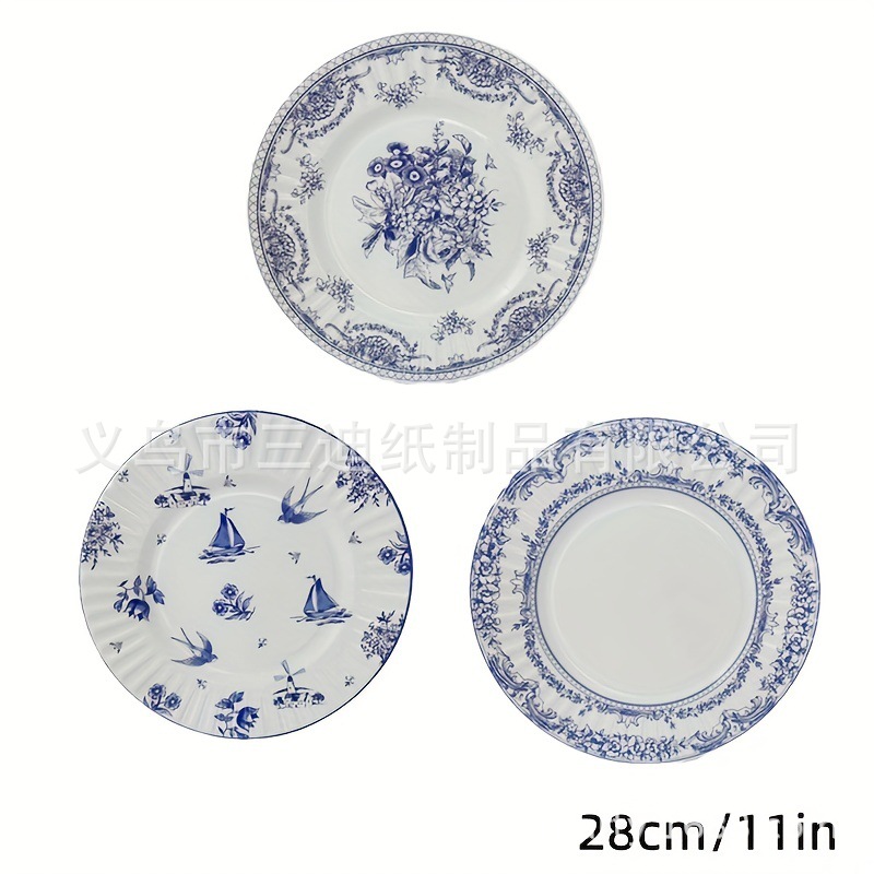 Picture of Disposable Paper Plate Blue and White Porcelain Printed Large Flat Plate Party Party Decorative Plate Dim Pot Plate Picnic Spring outing Tableware