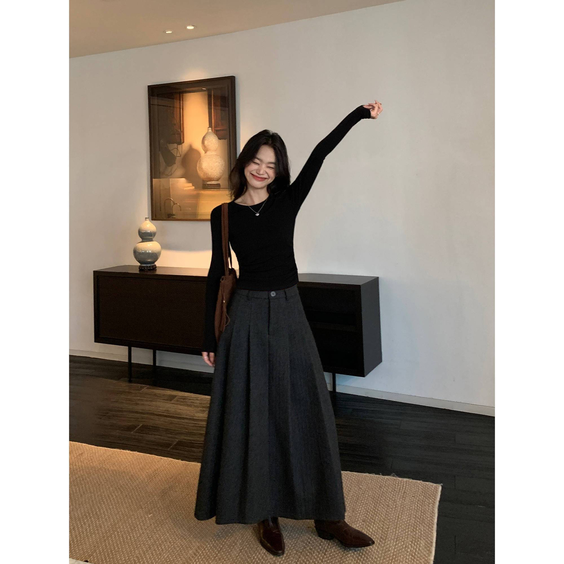 American Spice Slim Long-Sleeve T-shirt for Women, Basic Spring/Spring Black Crew Neck Inner Layer, Base Layer