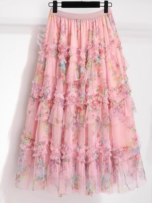 Irregular Floral Mesh Skirt Spring & Fall Women's New French Style Long Skirt A-Line Skirt Heavy Stitching Printing